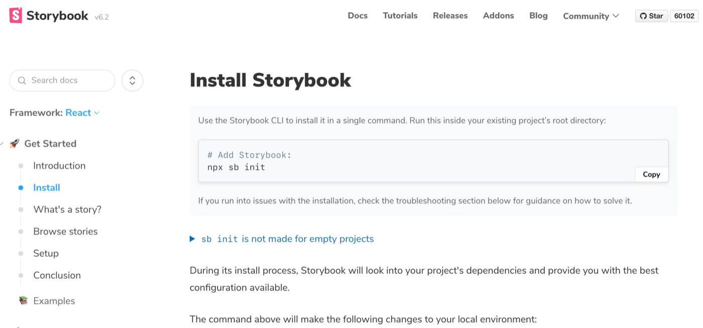 Storybook公式のインストールページ