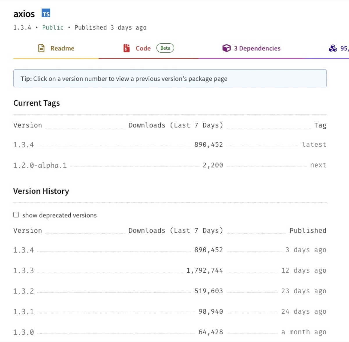 axiosの場合のバージョン