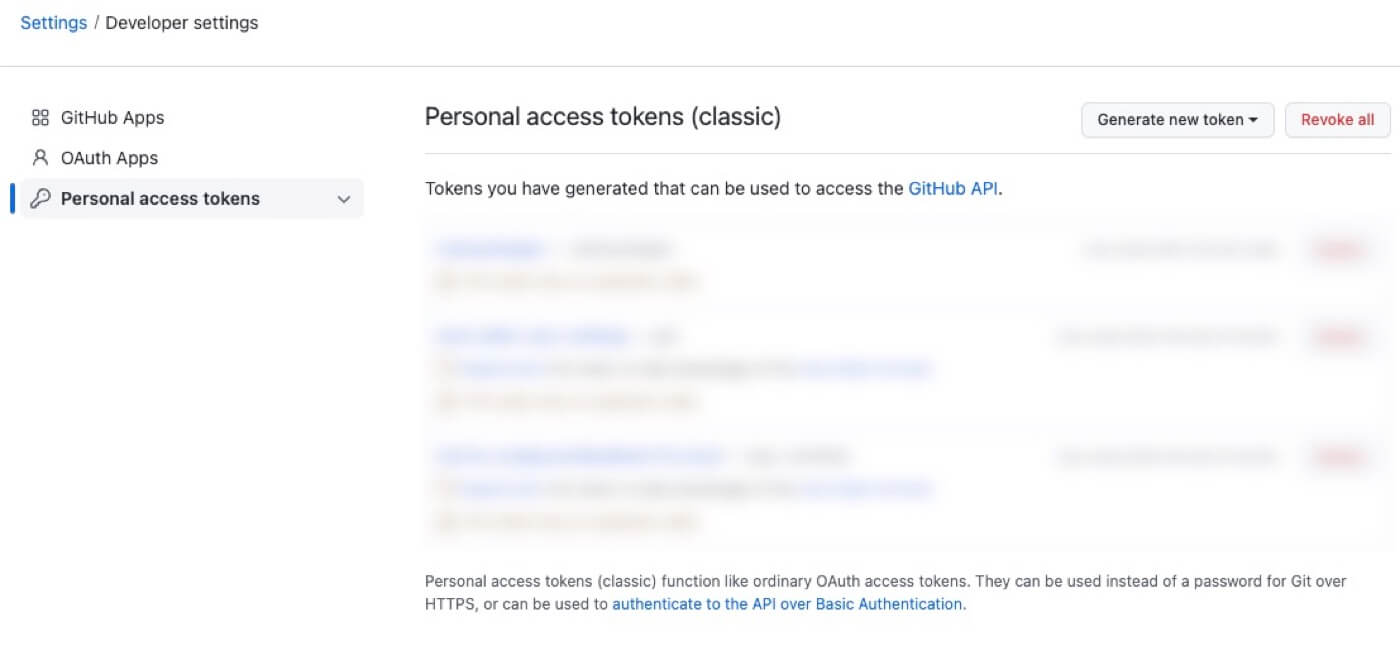 GitHubのpersonal access tokenのページ